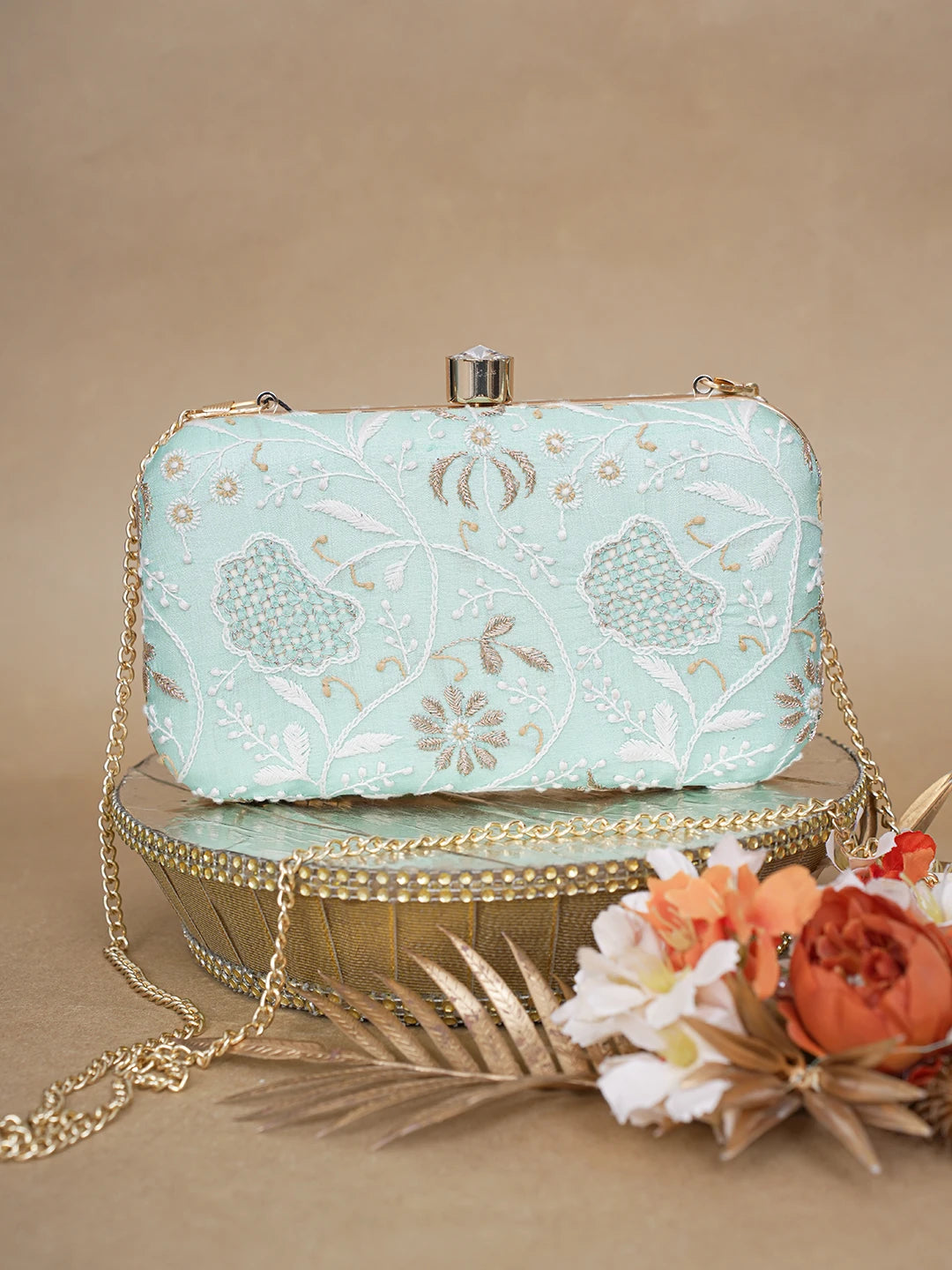 Ada Hand Embroidered Sea Green Silk Lucknowi Chikankari Clutch With Zari Work 01A619144