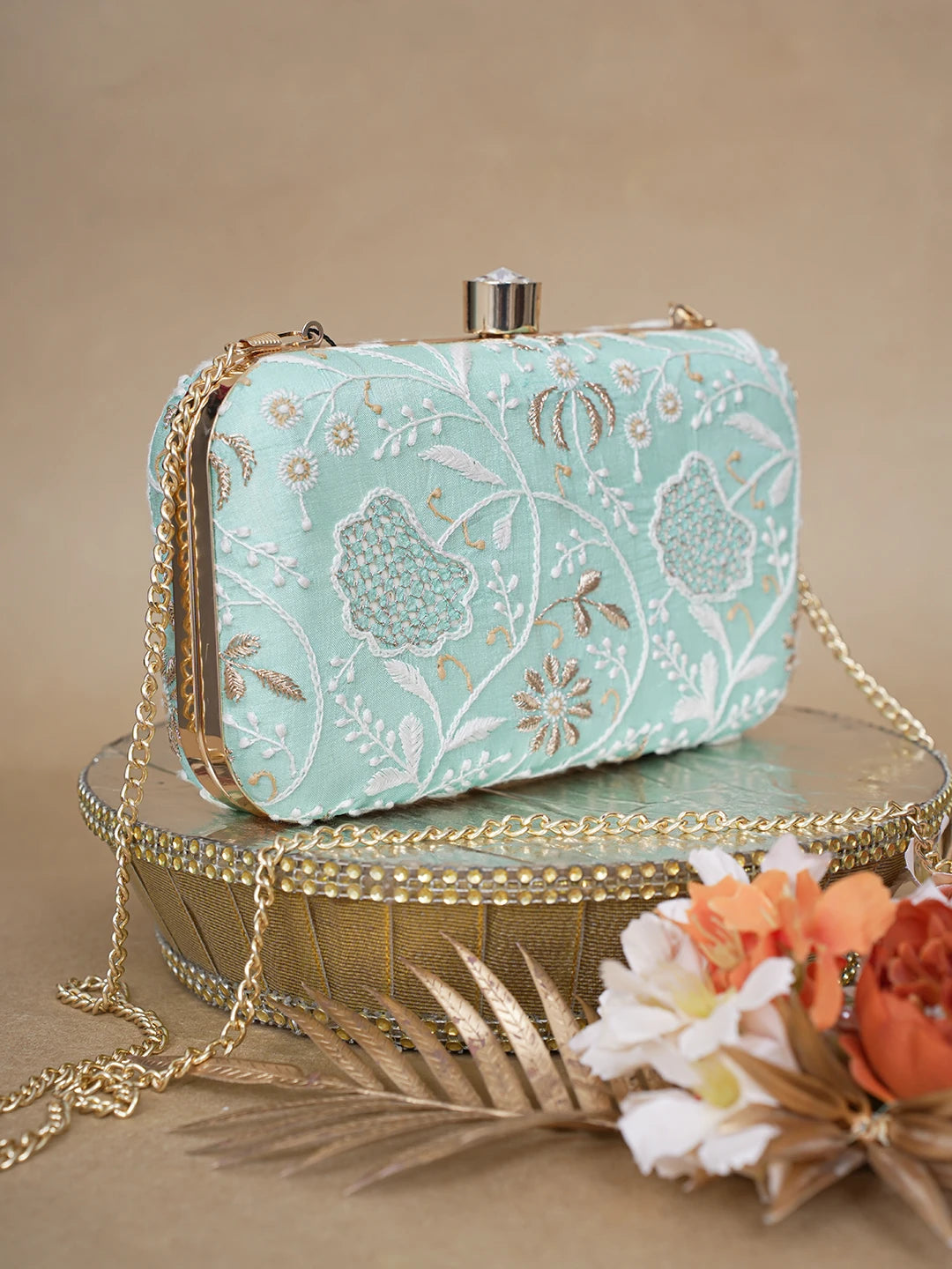 Ada Hand Embroidered Sea Green Silk Lucknowi Chikankari Clutch With Zari Work 01A619144