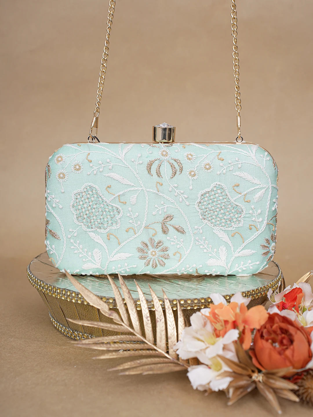 Ada Hand Embroidered Sea Green Silk Lucknowi Chikankari Clutch With Zari Work 01A619144