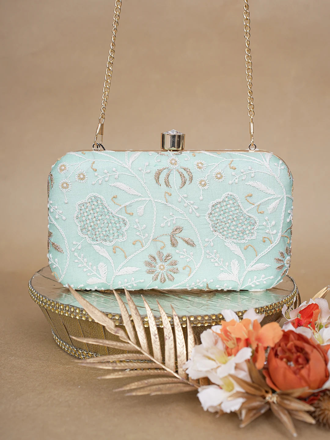 Ada Hand Embroidered Sea Green Silk Lucknowi Chikankari Clutch With Zari Work 01A619144