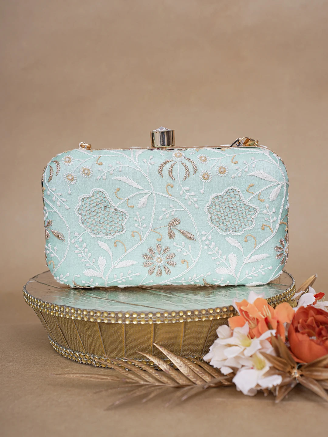 Ada Hand Embroidered Sea Green Silk Lucknowi Chikankari Clutch With Zari Work 01A619144