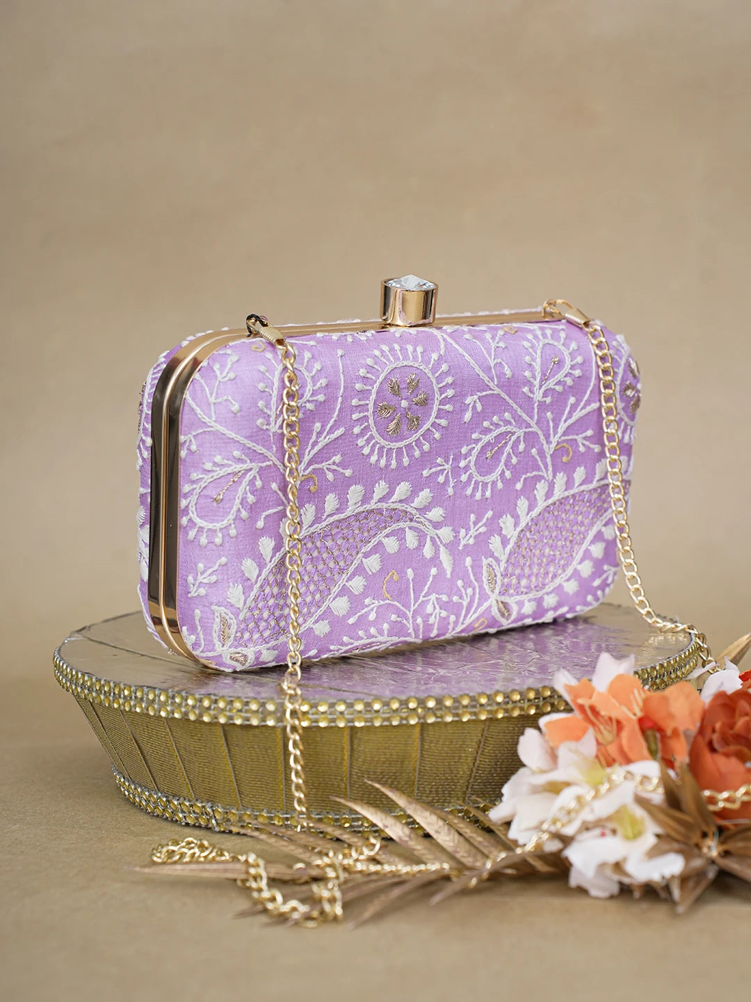 Ada Hand Embroidered Lavender Silk Lucknowi Chikankari Clutch With Zari Work 01A619147