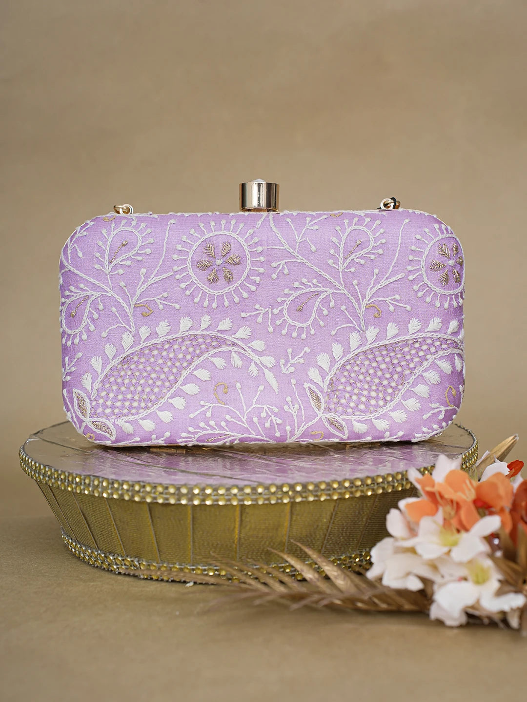 Ada Hand Embroidered Lavender Silk Lucknowi Chikankari Clutch With Zari Work 01A619147