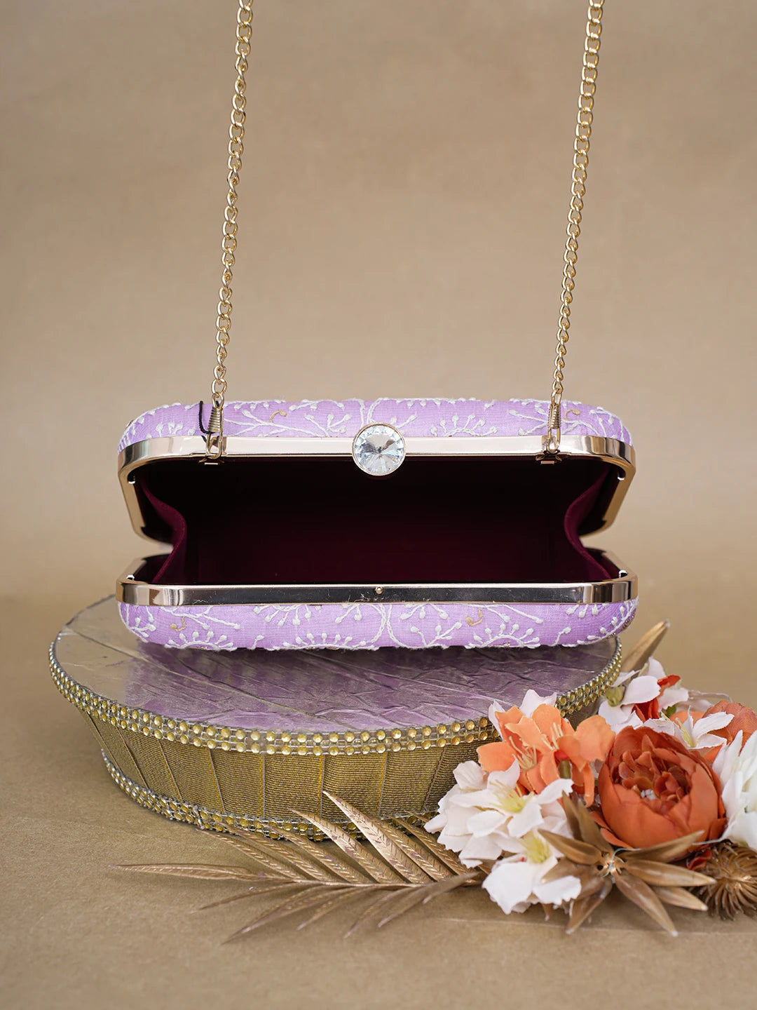 Ada Hand Embroidered Lavender Silk Lucknowi Chikankari Clutch With Zari Work 01A619147