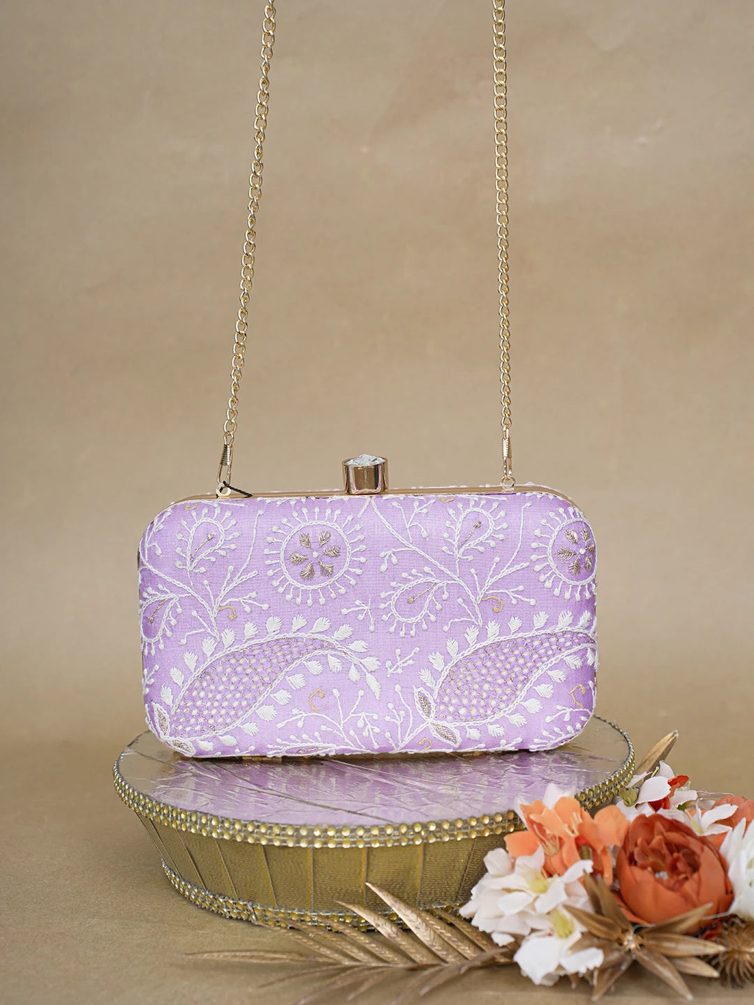 Ada Hand Embroidered Lavender Silk Lucknowi Chikankari Clutch With Zari Work 01A619147