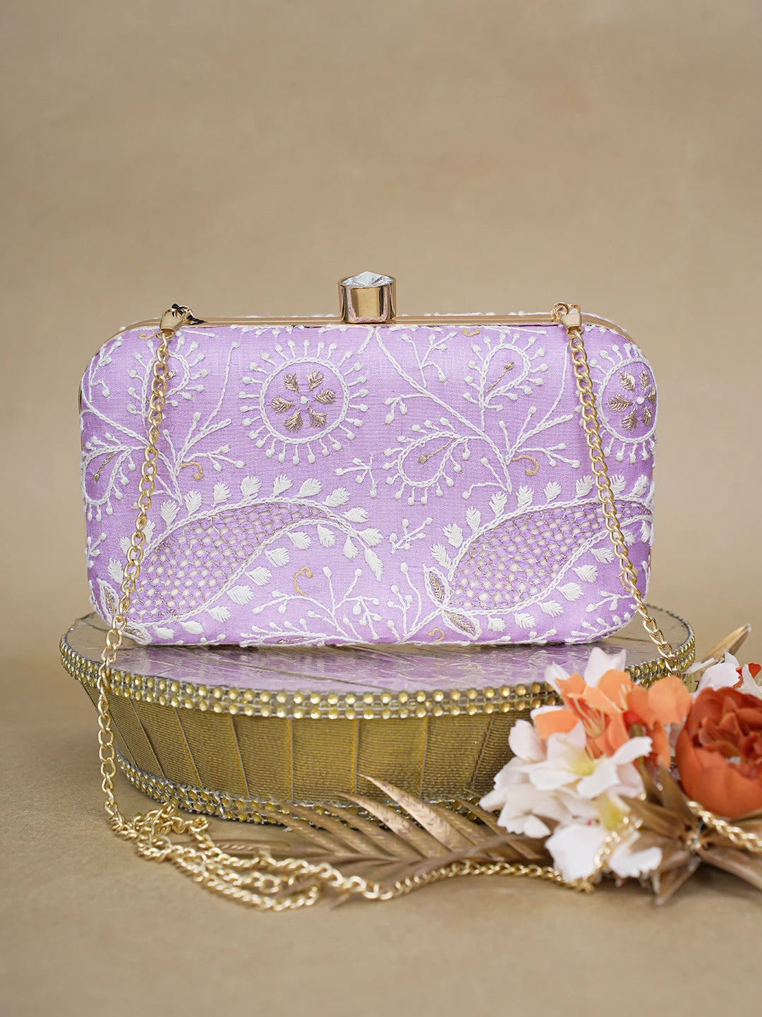 Ada Hand Embroidered Lavender Silk Lucknowi Chikankari Clutch With Zari Work 01A619147