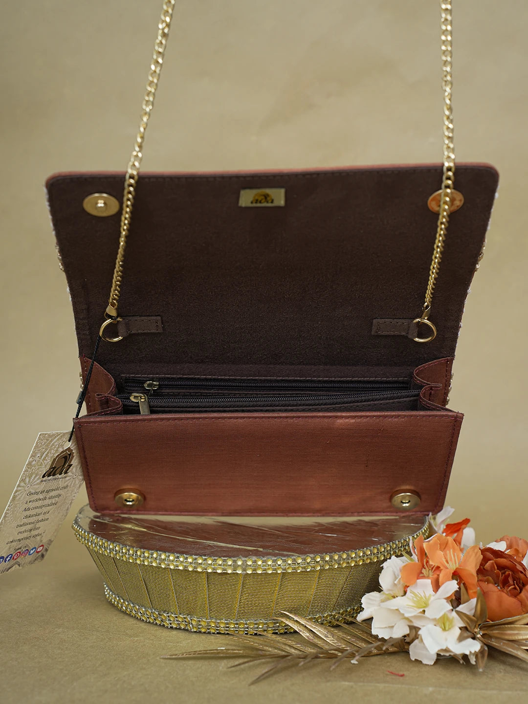 Ada Hand Embroidered Brown Silk Lucknowi Chikankari Clutch With Zari Work 01A617958