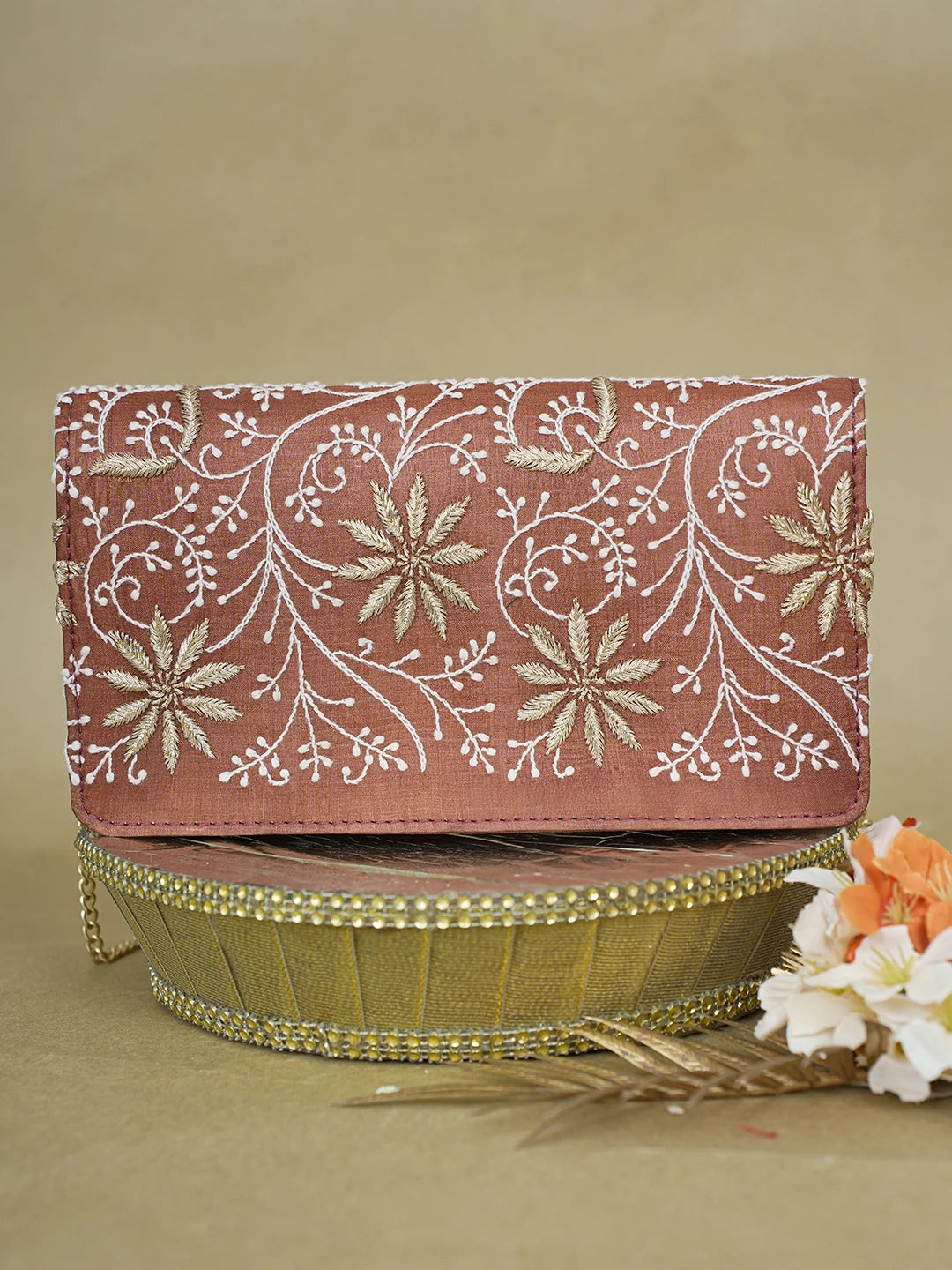 Ada Hand Embroidered Brown Silk Lucknowi Chikankari Clutch With Zari Work 01A617958