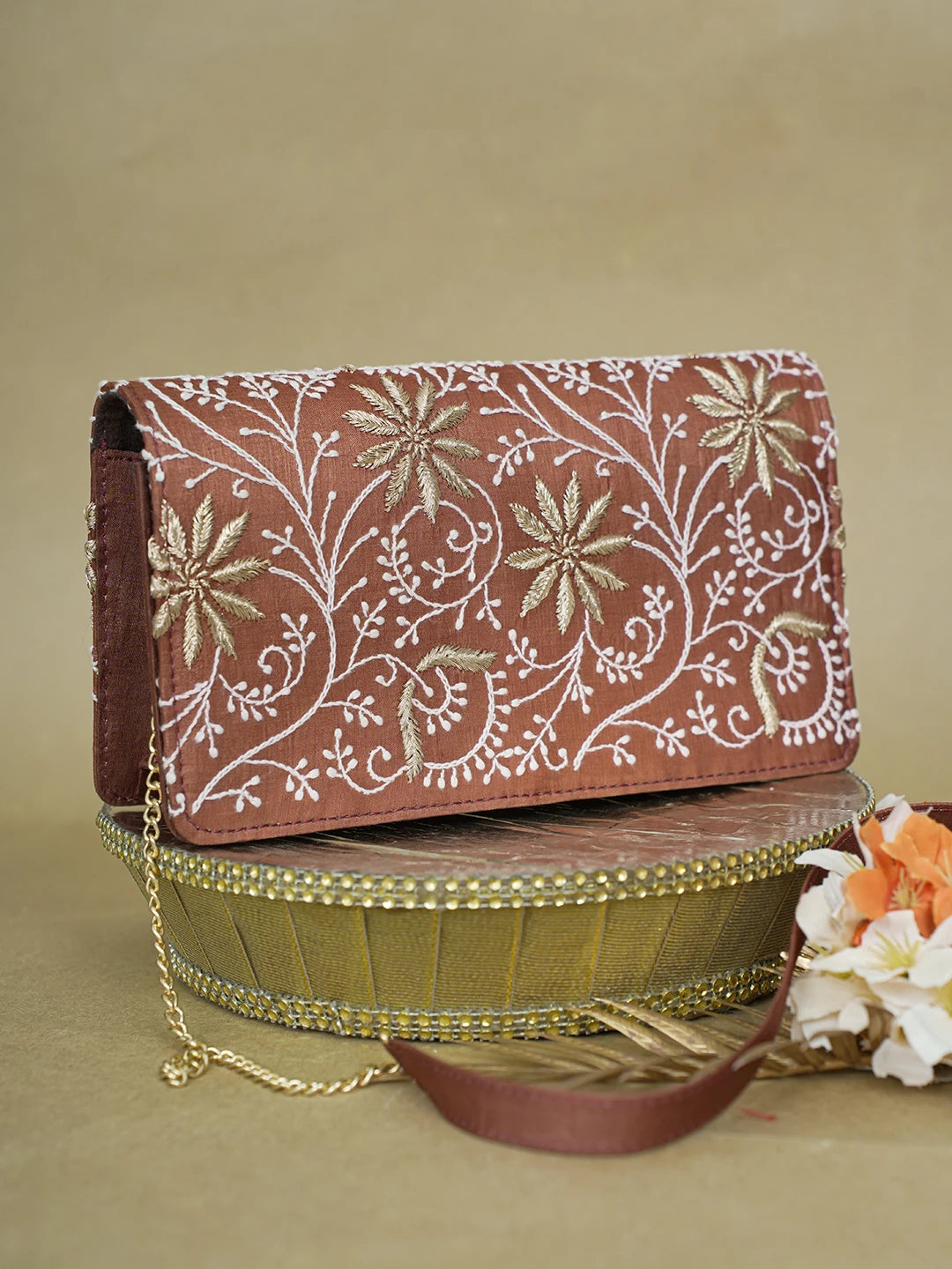 Ada Hand Embroidered Brown Silk Lucknowi Chikankari Clutch With Zari Work 01A617958