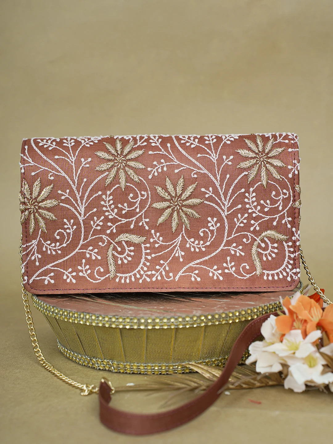 Ada Hand Embroidered Brown Silk Lucknowi Chikankari Clutch With Zari Work 01A617958
