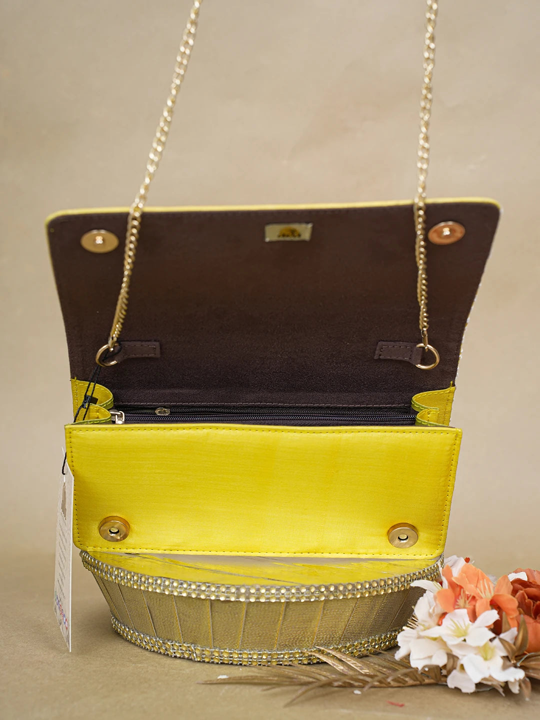 Ada Hand Embroidered Yellow Silk Lucknowi Chikankari Clutch With Zari Work 01A617962