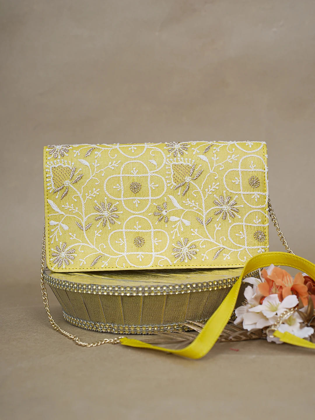 Ada Hand Embroidered Yellow Silk Lucknowi Chikankari Clutch With Zari Work 01A617962