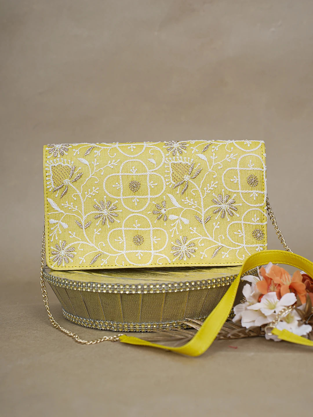 Ada Hand Embroidered Yellow Silk Lucknowi Chikankari Clutch With Zari Work 01A617962