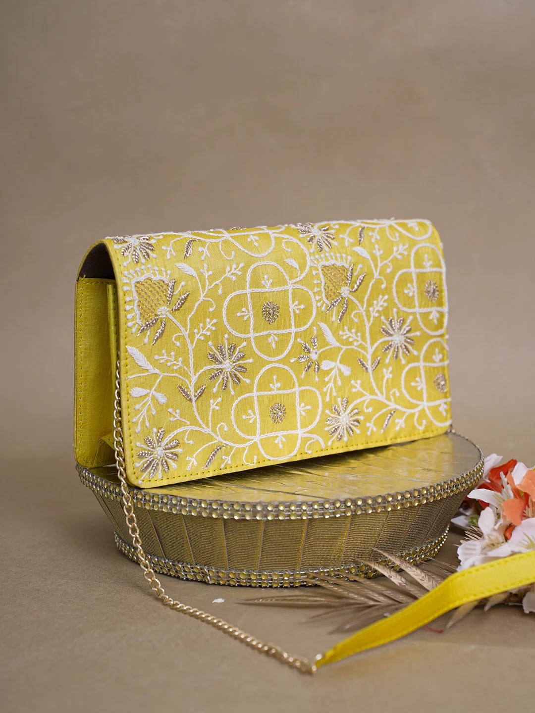 Ada Hand Embroidered Yellow Silk Lucknowi Chikankari Clutch With Zari Work 01A617962