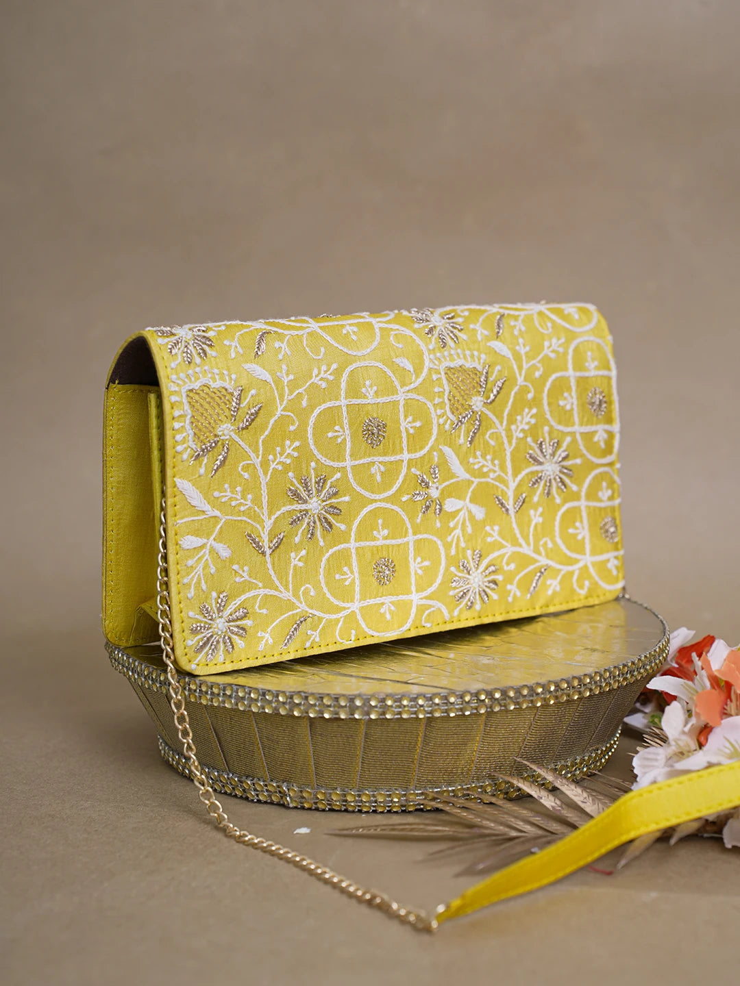 Ada Hand Embroidered Yellow Silk Lucknowi Chikankari Clutch With Zari Work 01A617962
