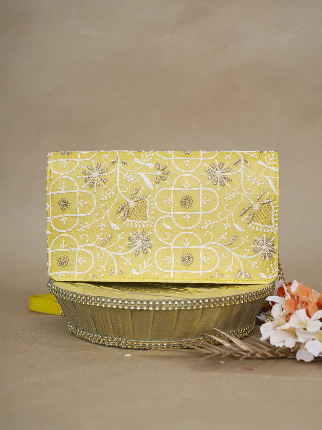 Ada Hand Embroidered Yellow Silk Lucknowi Chikankari Clutch With Zari Work 01A617962