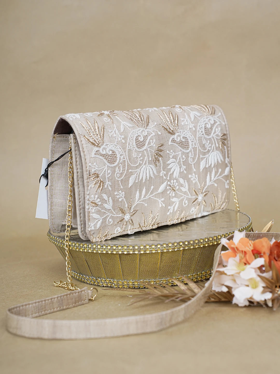 Ada Hand Embroidered Fawn Silk Lucknowi Chikankari Clutch With Zari Work 01A621591
