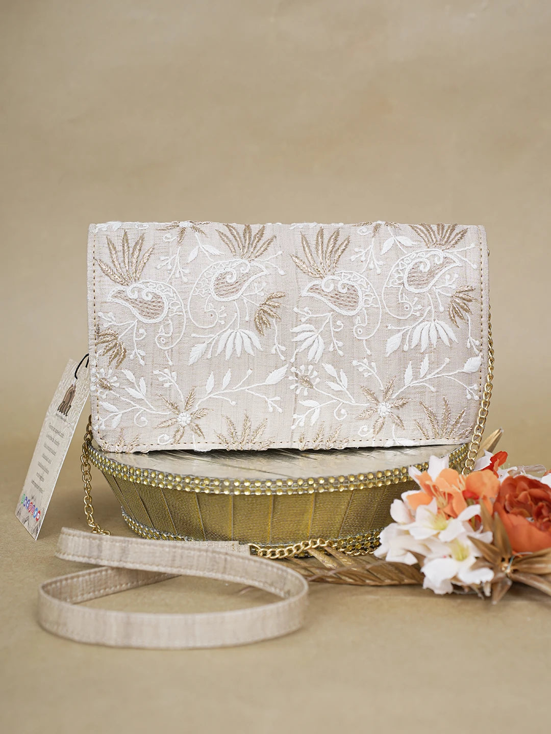 Ada Hand Embroidered Fawn Silk Lucknowi Chikankari Clutch With Zari Work 01A621591