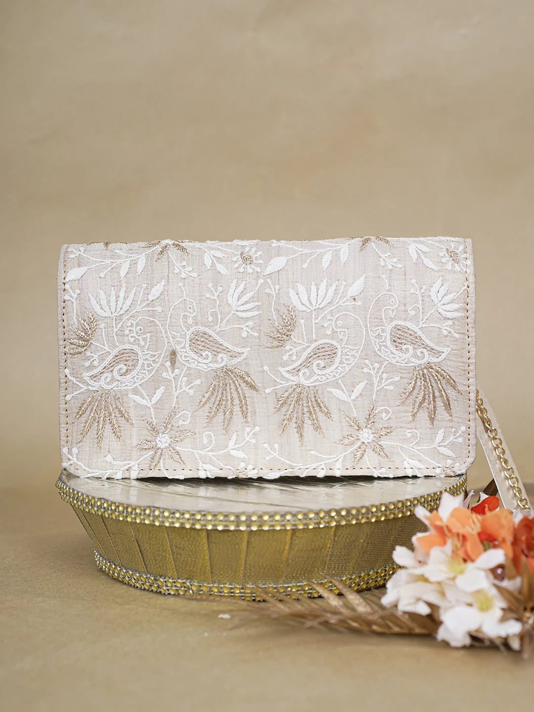 Ada Hand Embroidered Fawn Silk Lucknowi Chikankari Clutch With Zari Work 01A621591