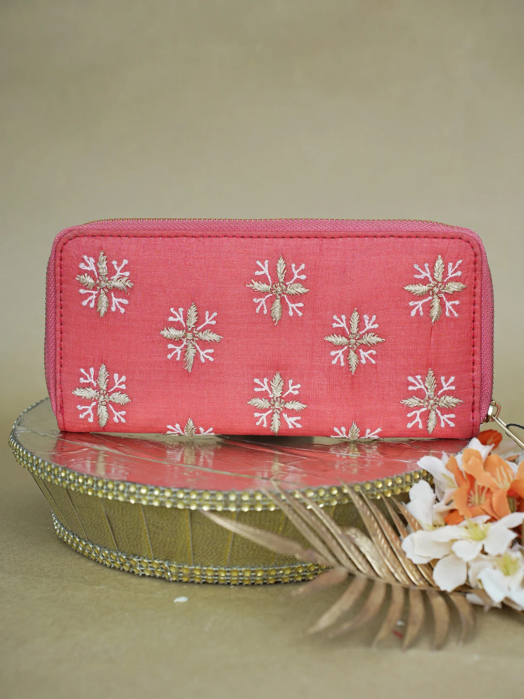 Ada Hand Embroidered Rust Silk Lucknowi Chikankari Clutch With Zari Work 01A618072