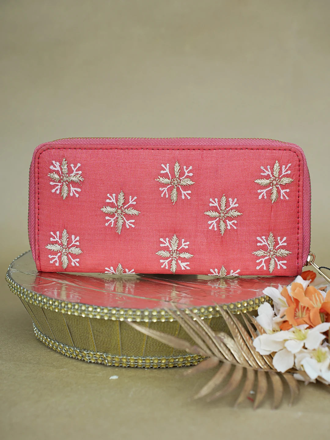 Ada Hand Embroidered Rust Silk Lucknowi Chikankari Clutch With Zari Work 01A618072
