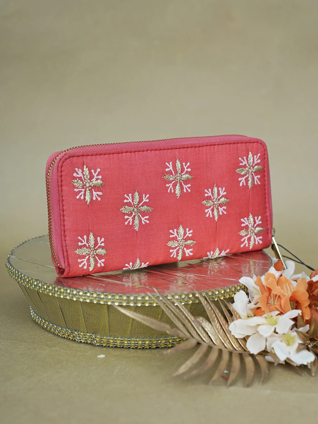Ada Hand Embroidered Rust Silk Lucknowi Chikankari Clutch With Zari Work 01A618072