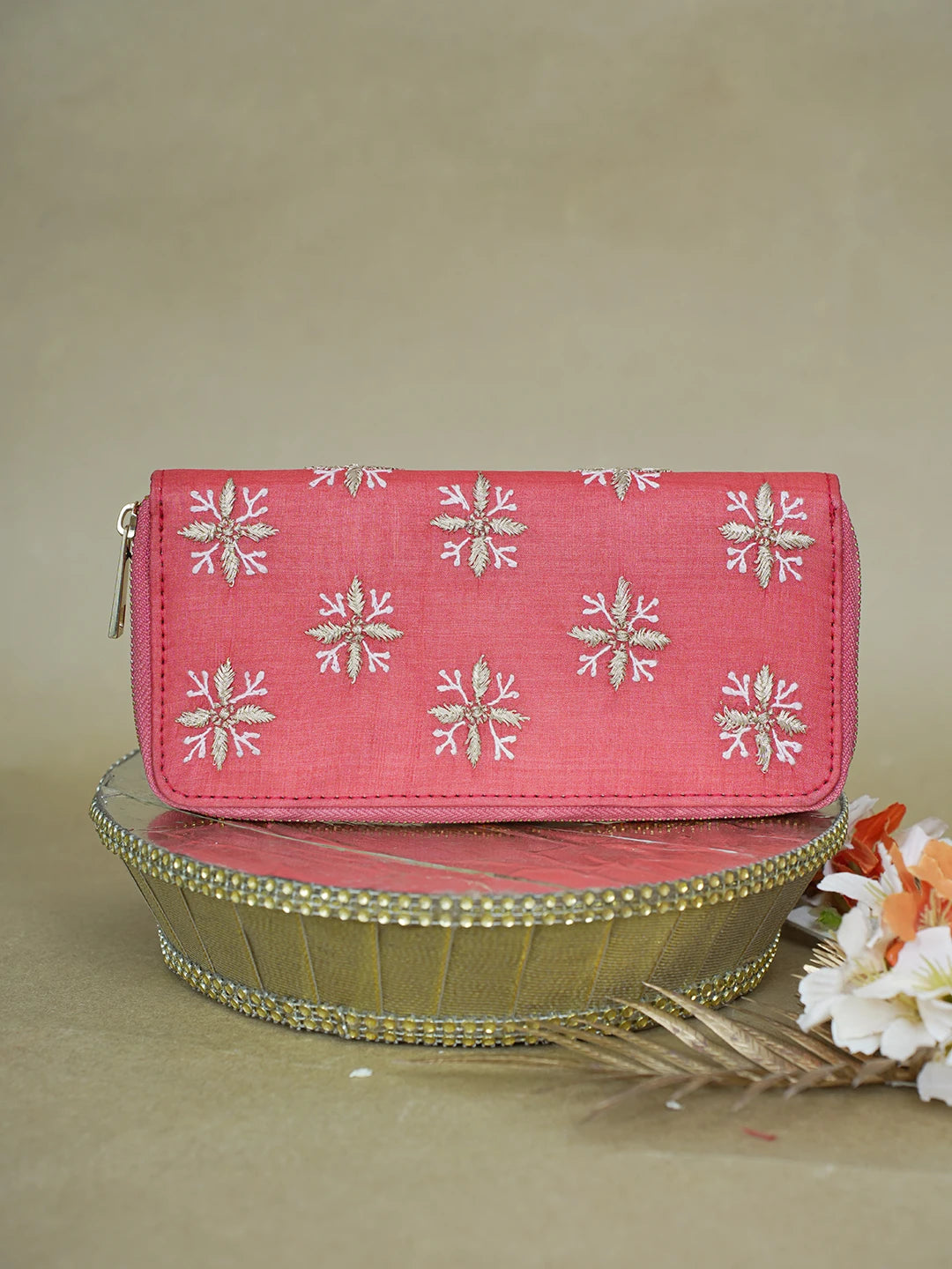 Ada Hand Embroidered Rust Silk Lucknowi Chikankari Clutch With Zari Work 01A618072