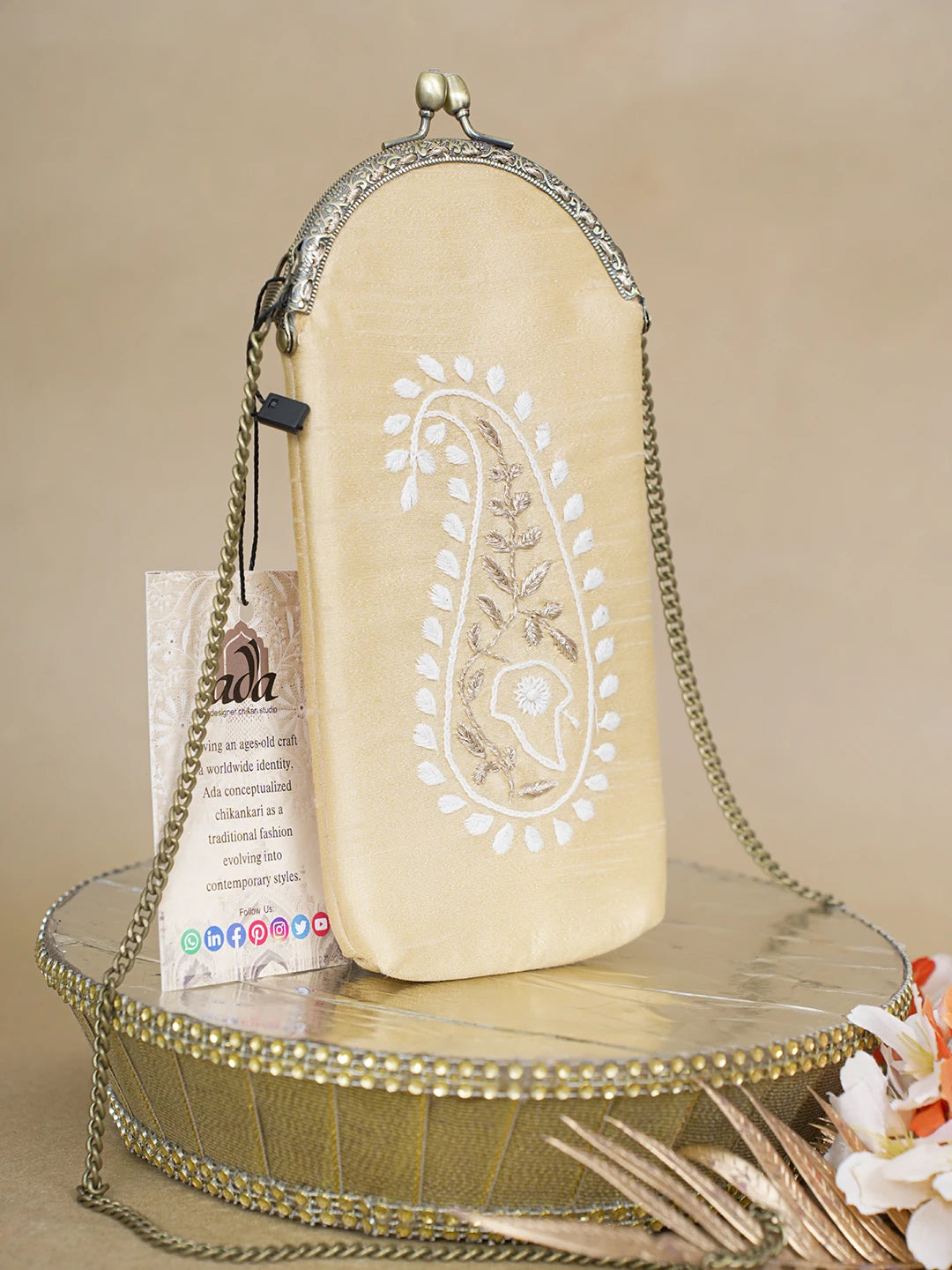 Ada Hand Embroidered Fawn Silk Lucknowi Chikankari Mobile Cover With Zari Work 01A621599