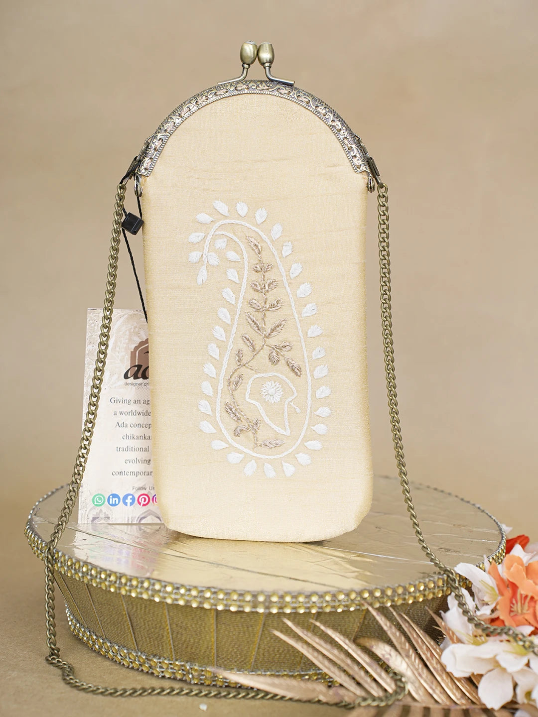 Ada Hand Embroidered Fawn Silk Lucknowi Chikankari Mobile Cover With Zari Work 01A621599