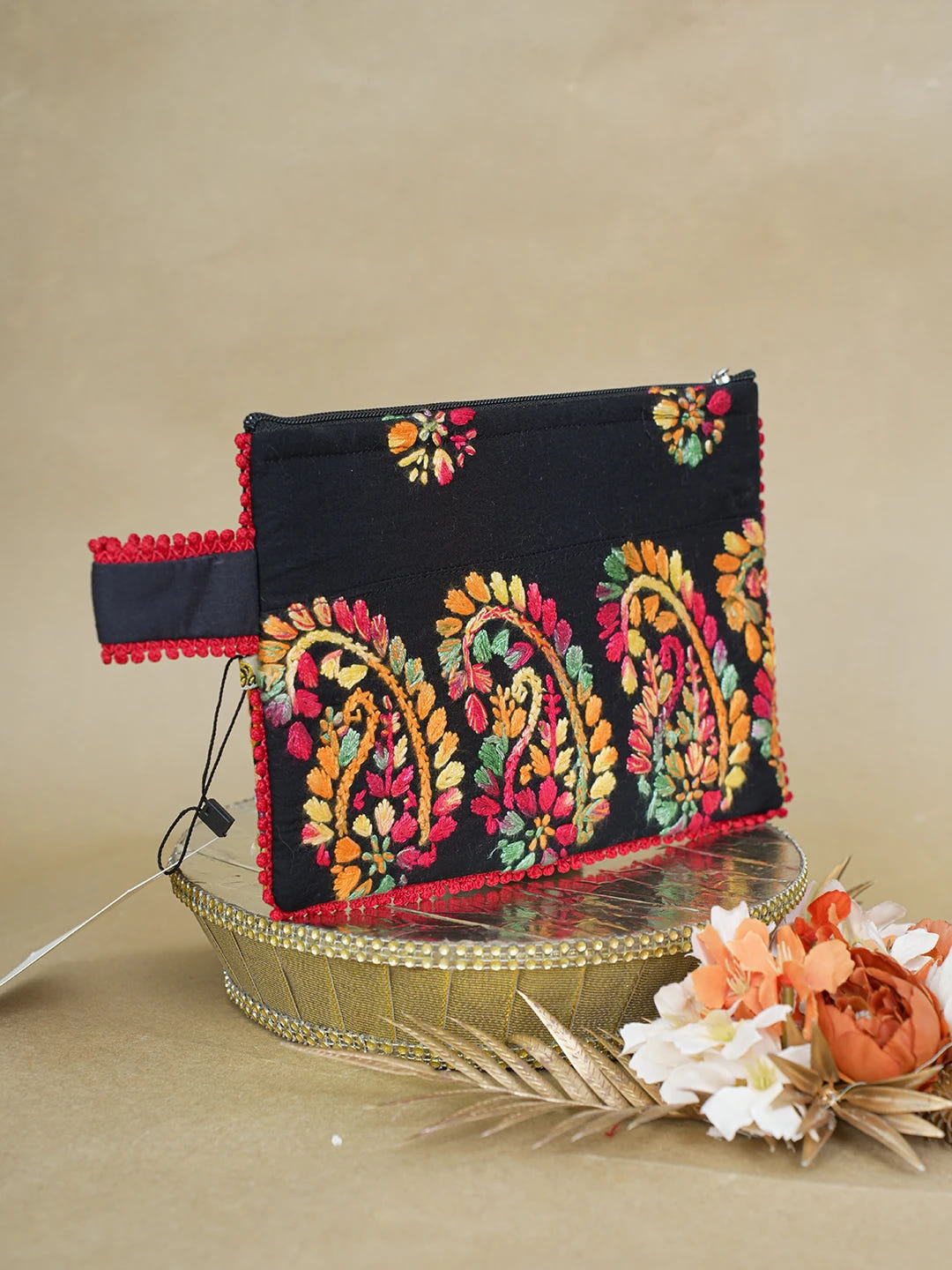 Ada Hand Embroidered Black Cotton Lucknowi Chikankari Pouch 01A616497
