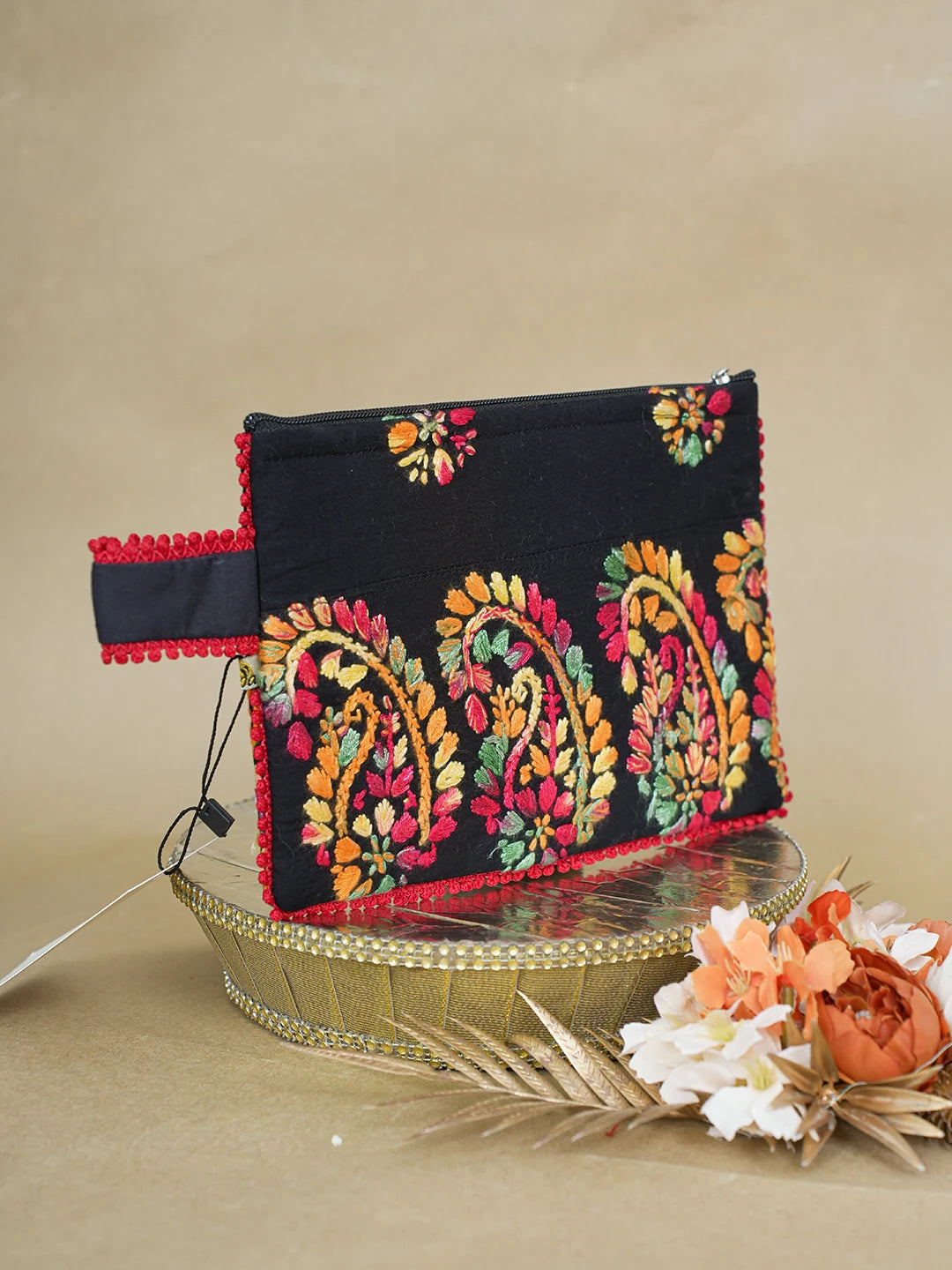 Ada Hand Embroidered Black Cotton Lucknowi Chikankari Pouch 01A616497