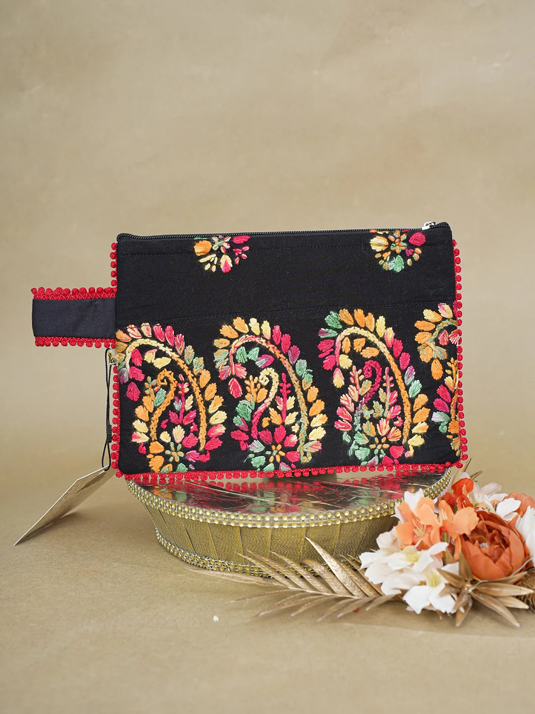 Ada Hand Embroidered Black Cotton Lucknowi Chikankari Pouch 01A616497
