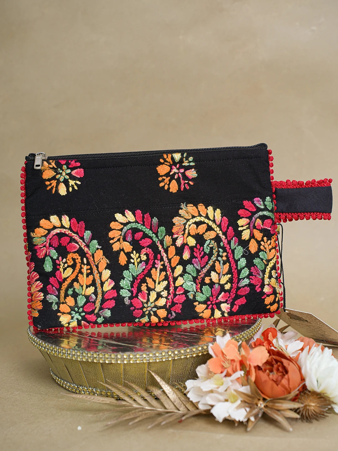 Ada Hand Embroidered Black Cotton Lucknowi Chikankari Pouch 01A616497