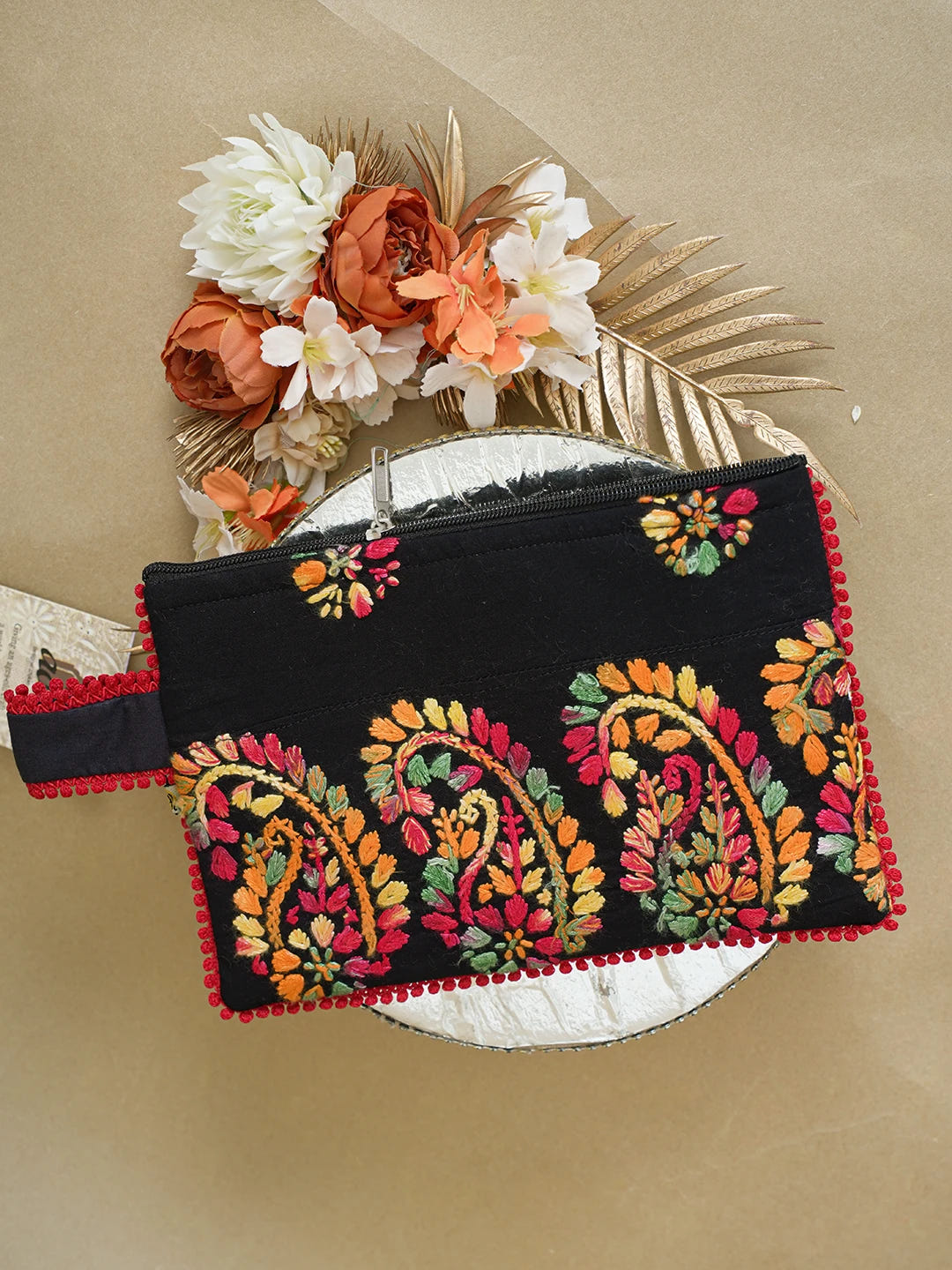 Ada Hand Embroidered Black Cotton Lucknowi Chikankari Pouch 01A616497