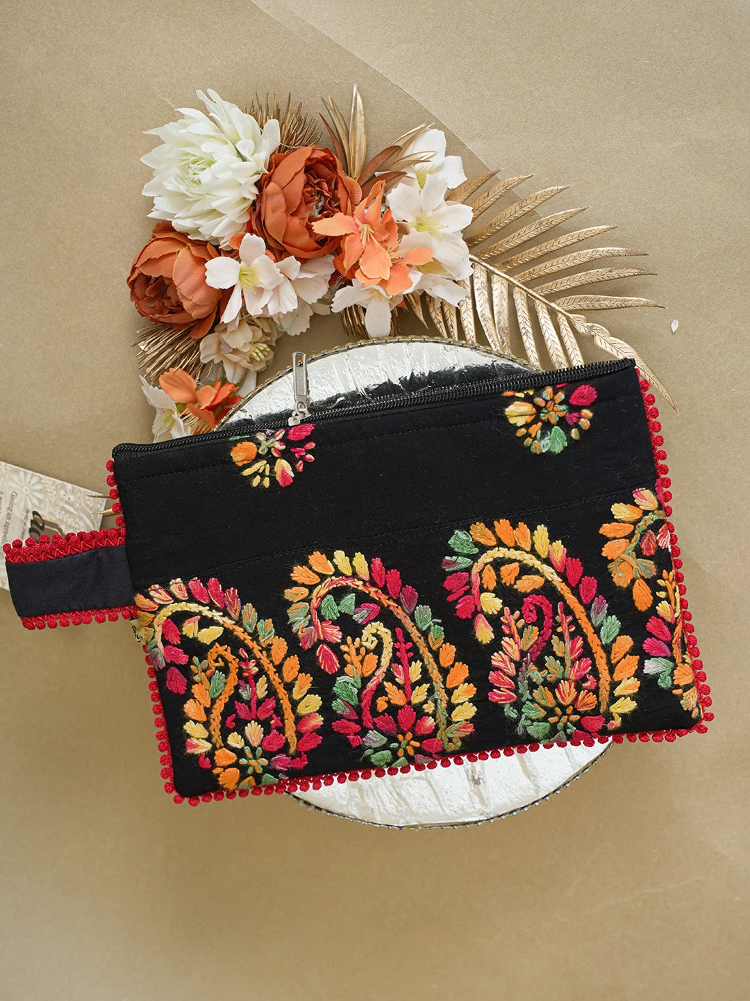 Ada Hand Embroidered Black Cotton Lucknowi Chikankari Pouch 01A616497