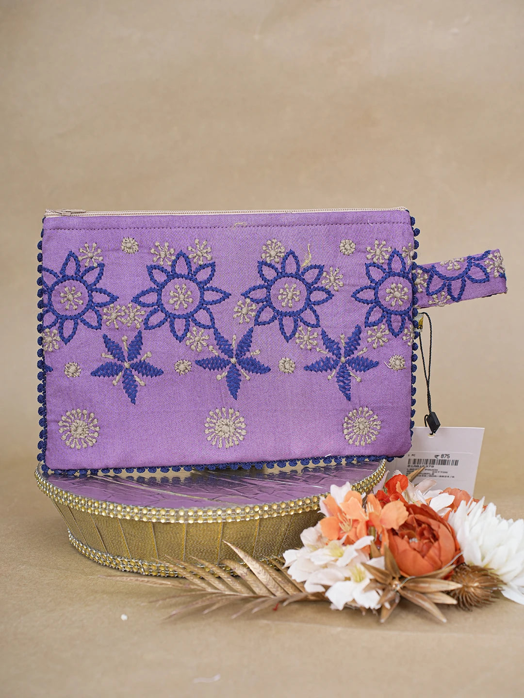 Ada Hand Embroidered Purple Cotton Lucknowi Chikankari Pouch 01A615379