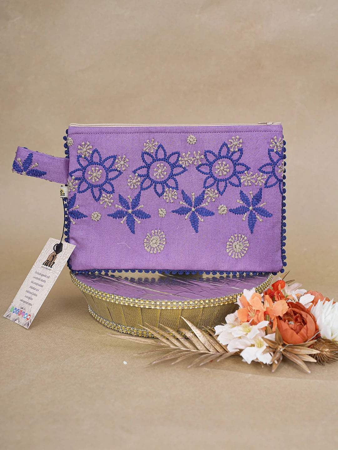 Ada Hand Embroidered Purple Cotton Lucknowi Chikankari Pouch 01A615379