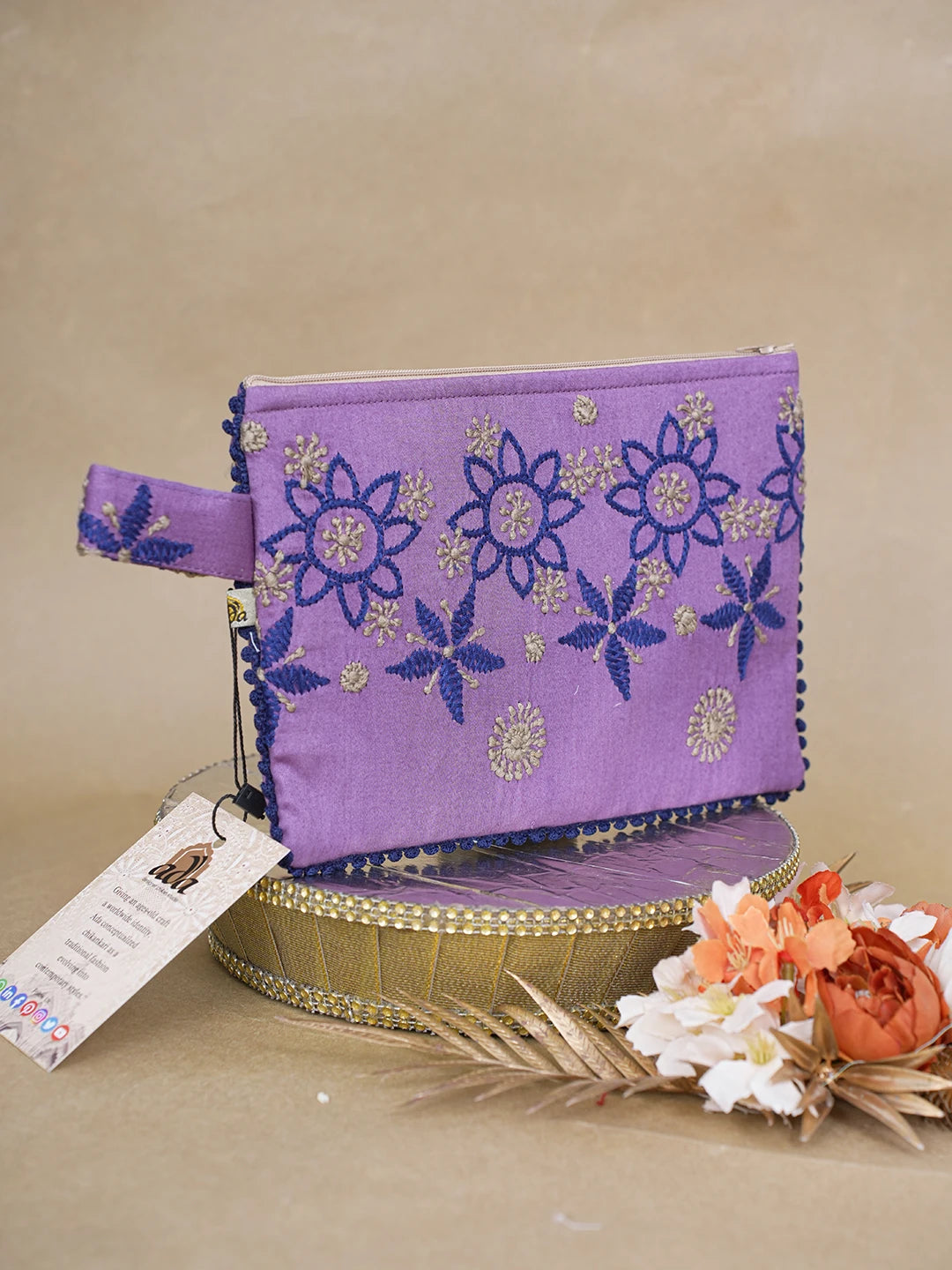 Ada Hand Embroidered Purple Cotton Lucknowi Chikankari Pouch 01A615379