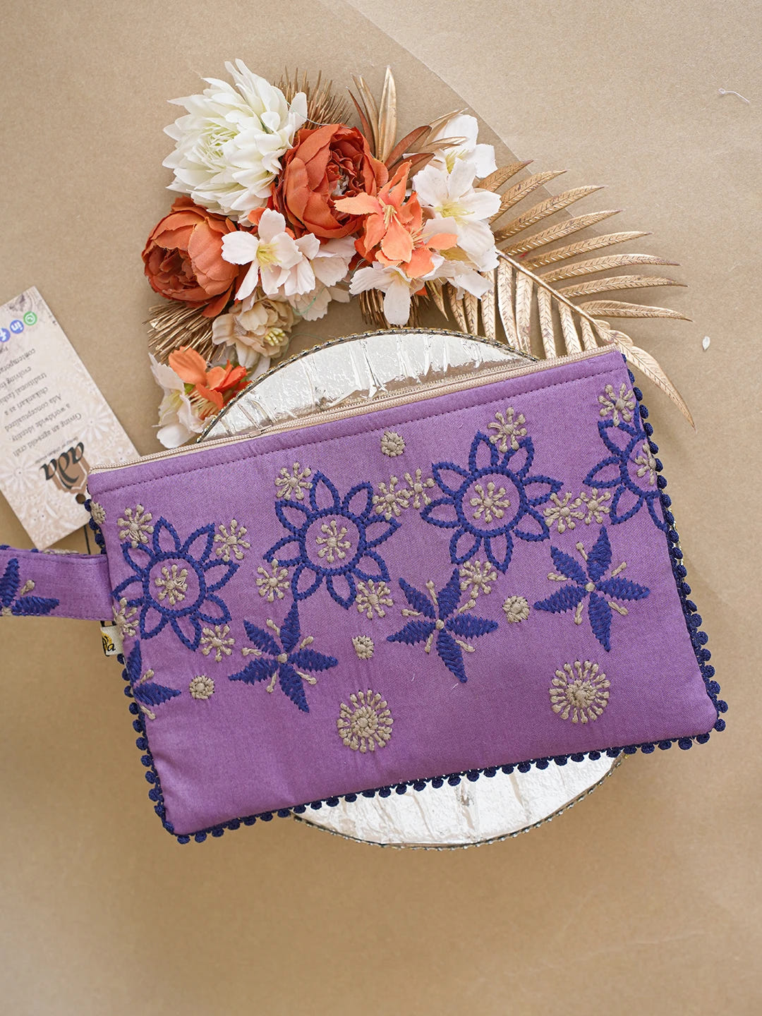 Ada Hand Embroidered Purple Cotton Lucknowi Chikankari Pouch 01A615379
