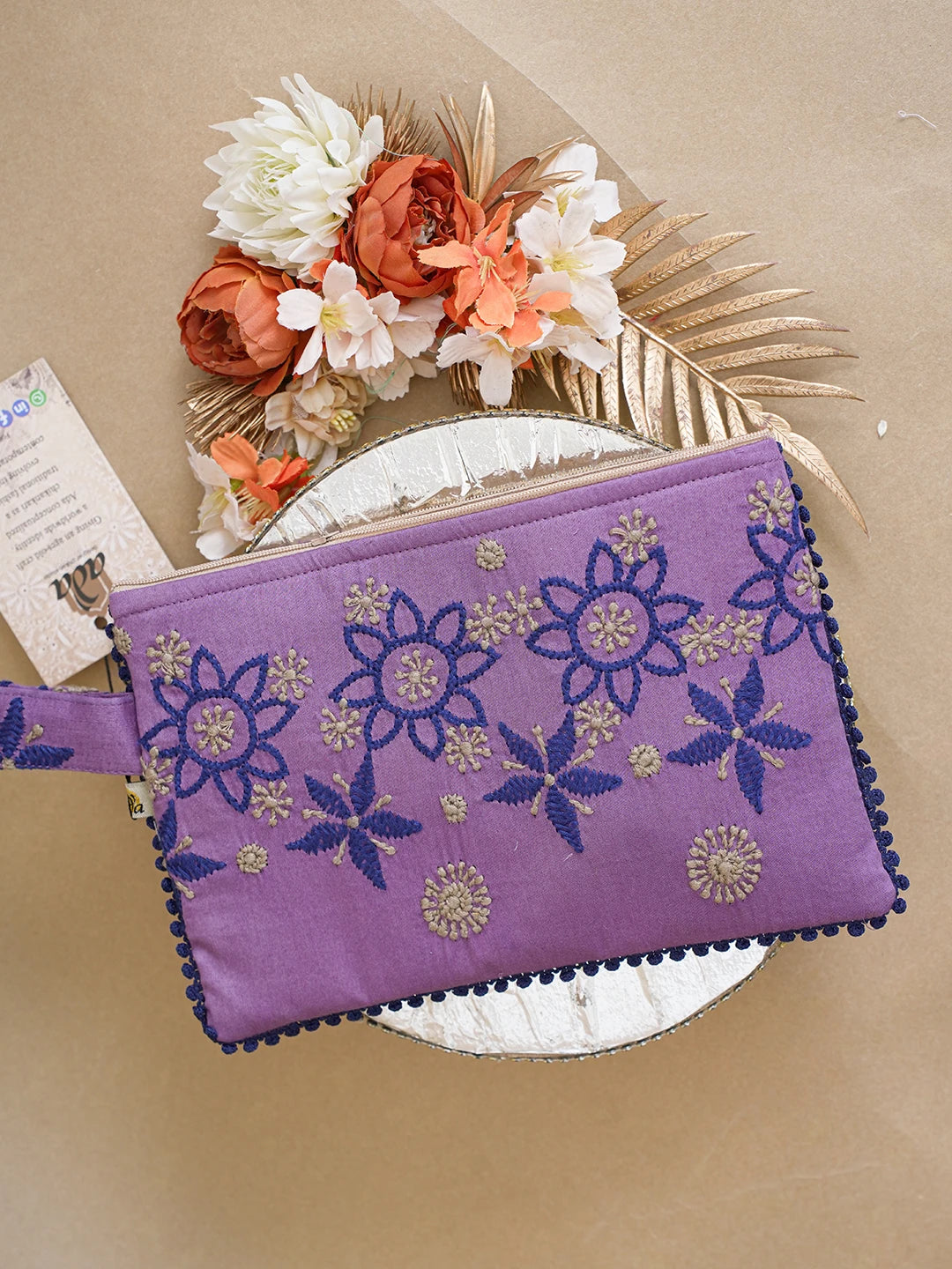 Ada Hand Embroidered Purple Cotton Lucknowi Chikankari Pouch 01A615379