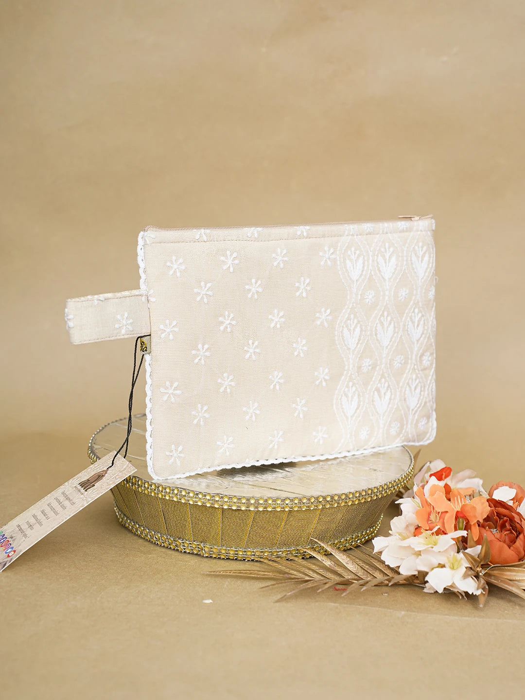 Ada Hand Embroidered Fawn Tissue Lucknowi Chikankari Pouch 01A616495