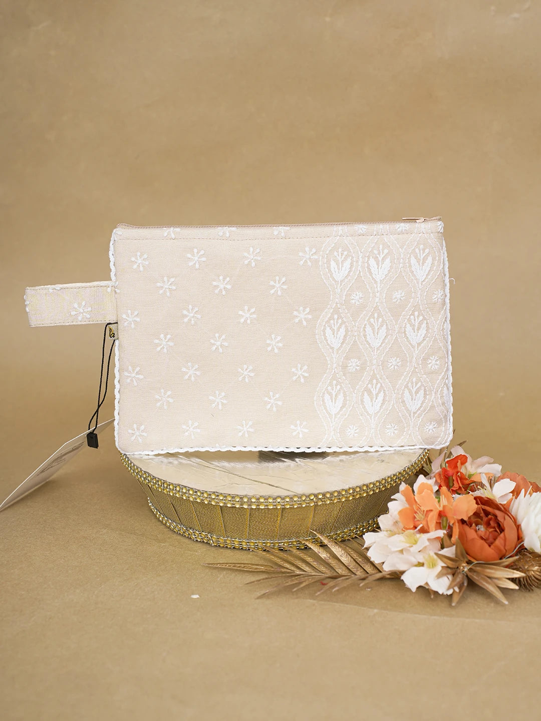 Ada Hand Embroidered Fawn Tissue Lucknowi Chikankari Pouch 01A616495