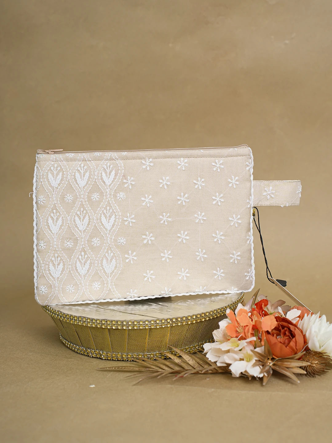 Ada Hand Embroidered Fawn Tissue Lucknowi Chikankari Pouch 01A616495