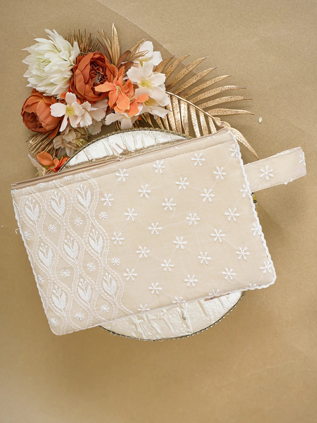Ada Hand Embroidered Fawn Tissue Lucknowi Chikankari Pouch 01A616495