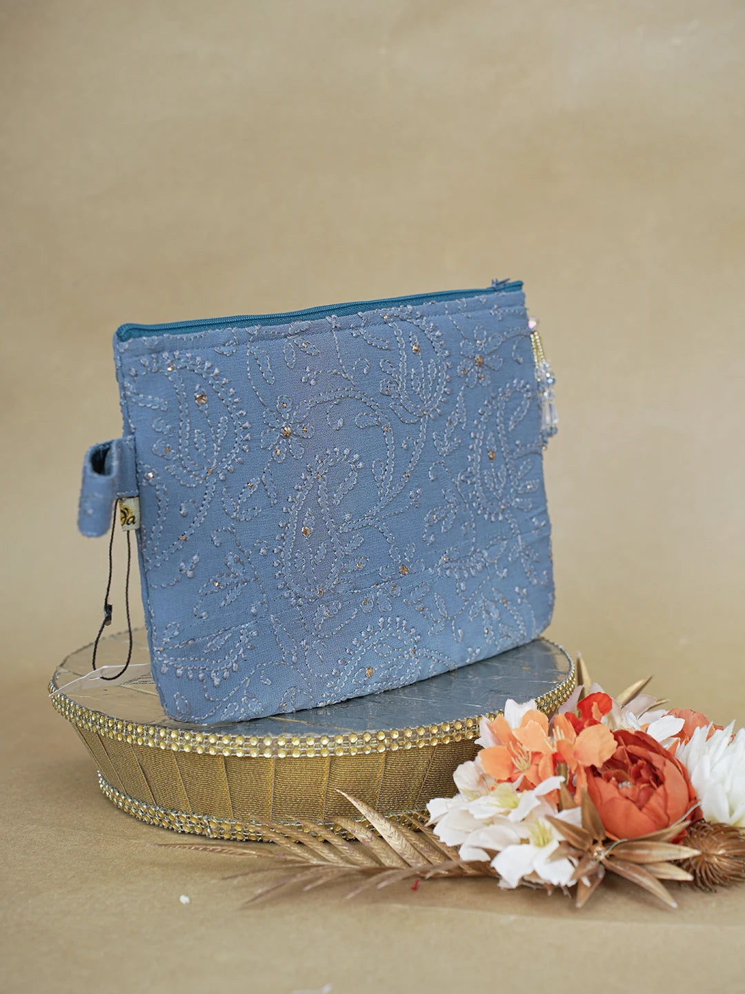 Ada Hand Embroidered Grey Viscose Georgette Lucknowi Chikankari Pouch with Muqaish Work 01A500788