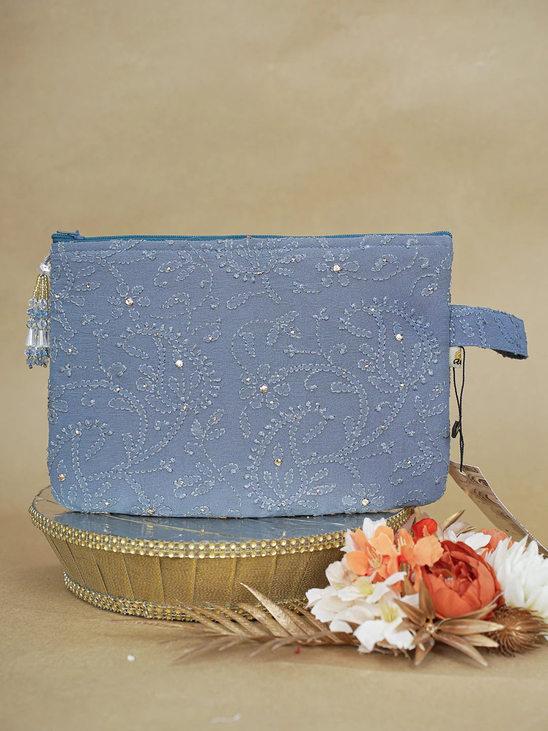Ada Hand Embroidered Grey Viscose Georgette Lucknowi Chikankari Pouch with Muqaish Work 01A500788