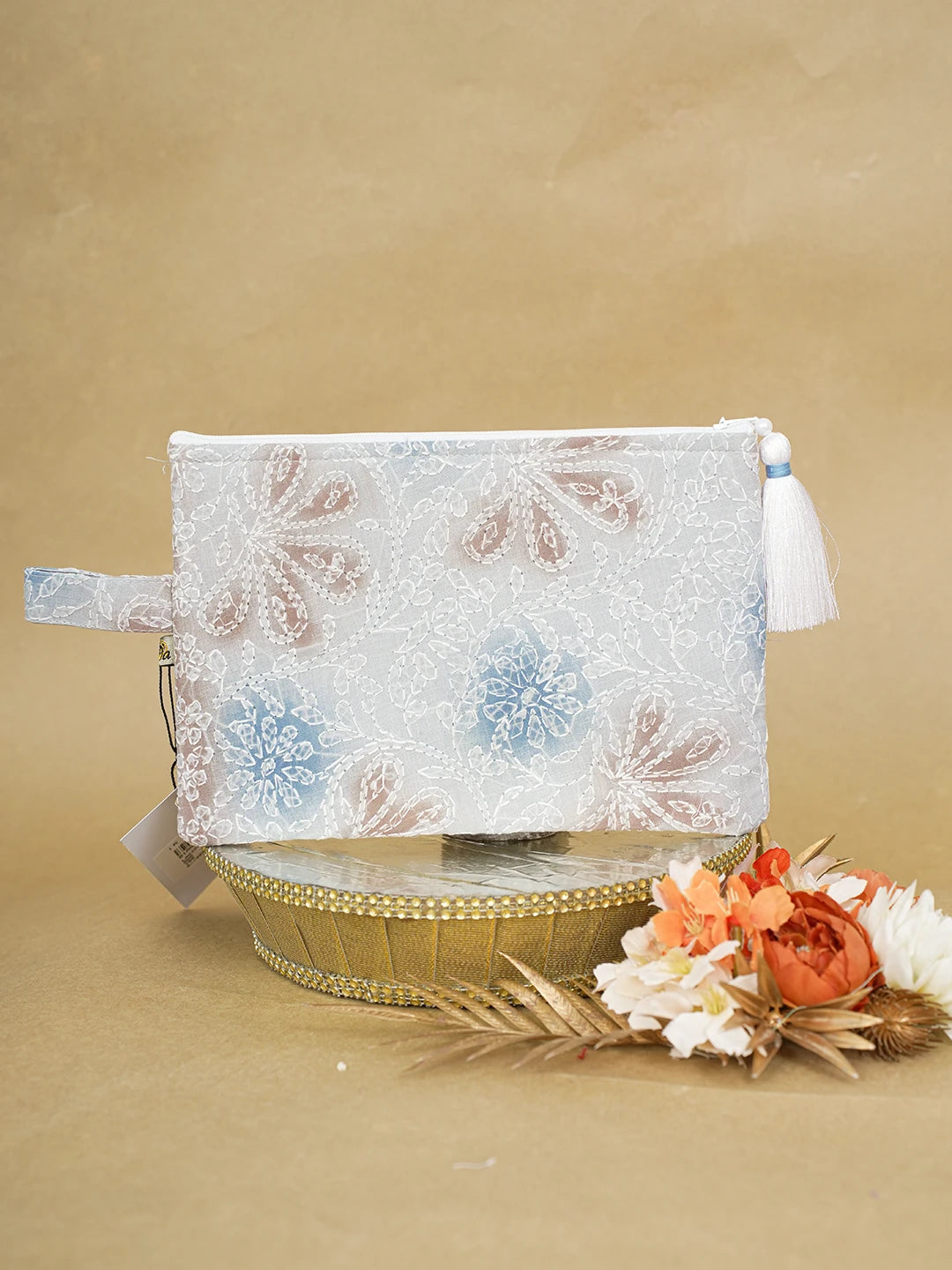 Ada Hand Embroidered Grey Cotton Lucknowi Chikankari Pouch 01A596839