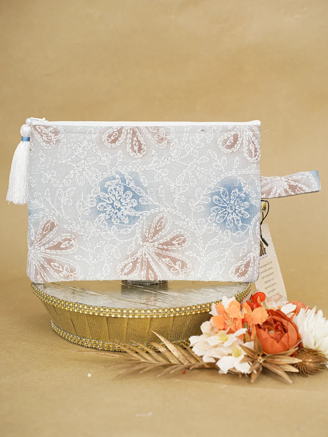 Ada Hand Embroidered Grey Cotton Lucknowi Chikankari Pouch 01A596839