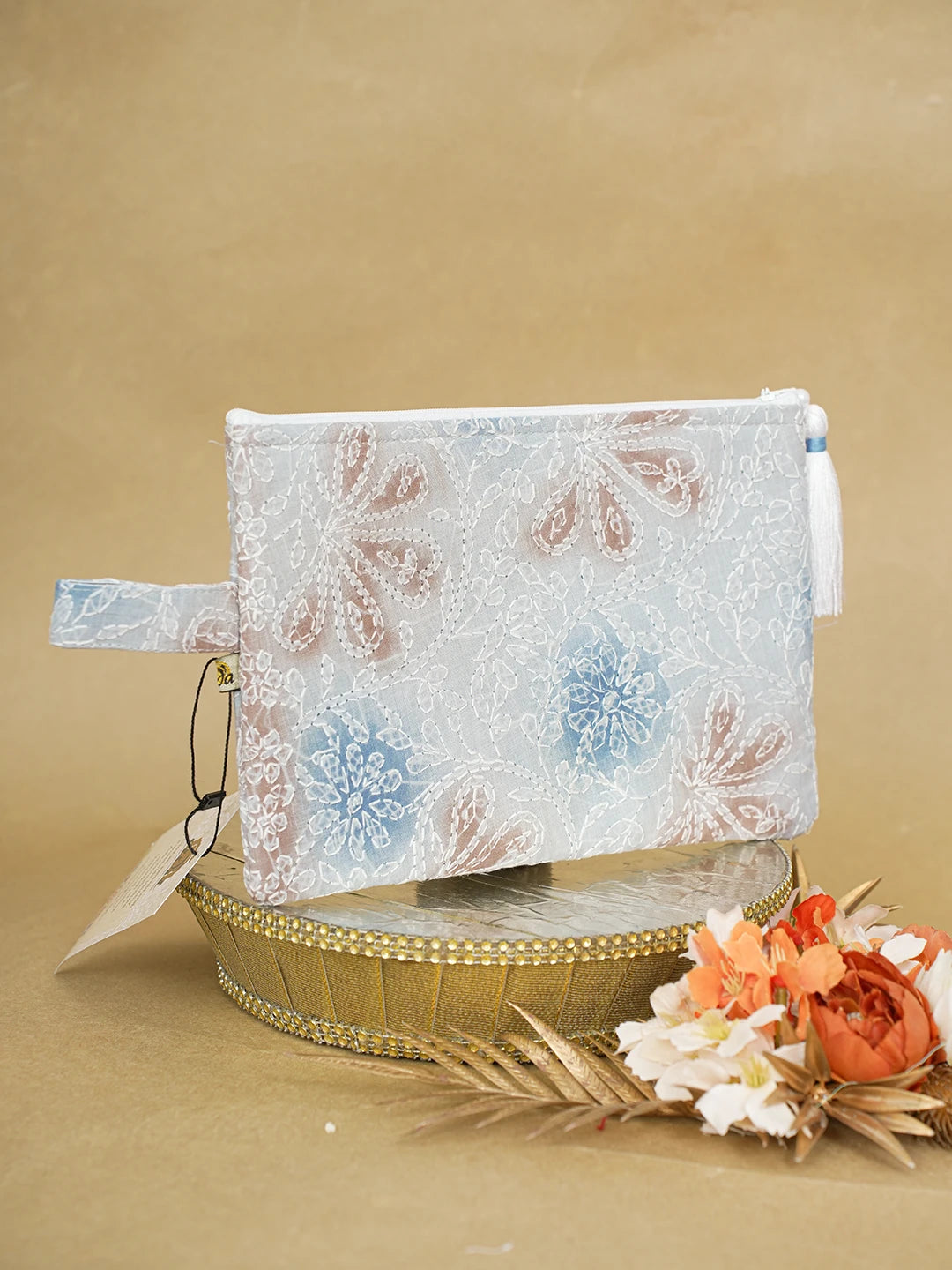 Ada Hand Embroidered Grey Cotton Lucknowi Chikankari Pouch 01A596839