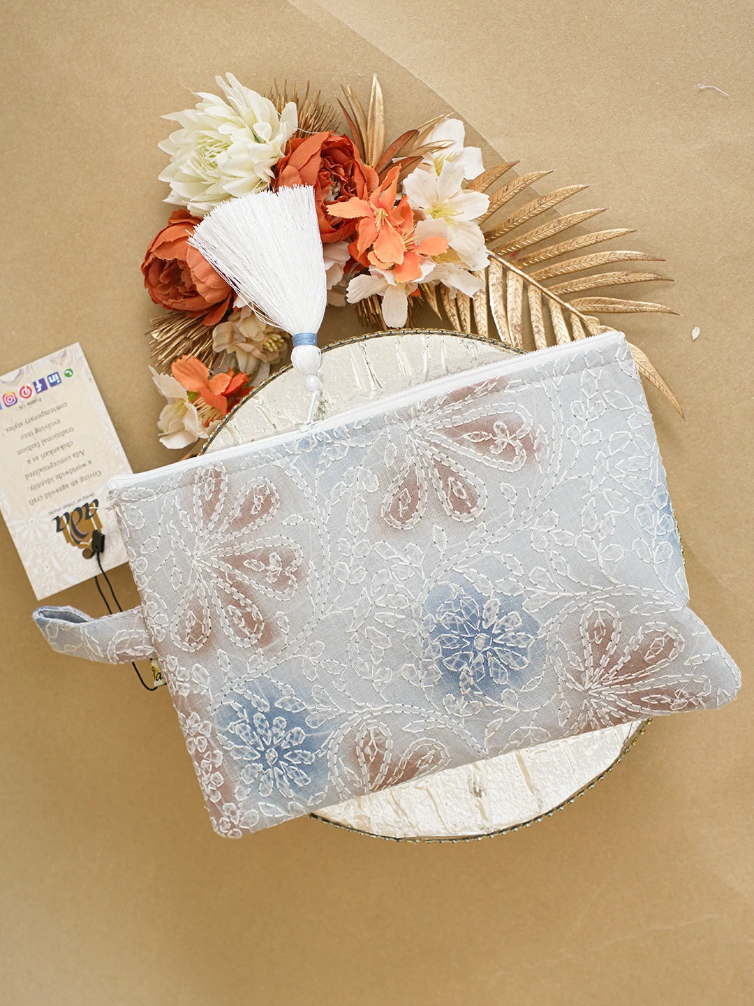 Ada Hand Embroidered Grey Cotton Lucknowi Chikankari Pouch 01A596839